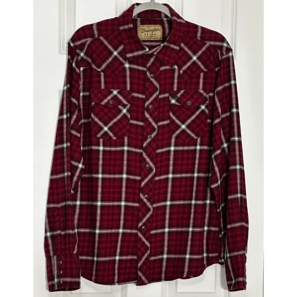 Wrangler Retro Western Flannel Shirt Men’s L Red Plaid Black Pearl Snap Cowboy